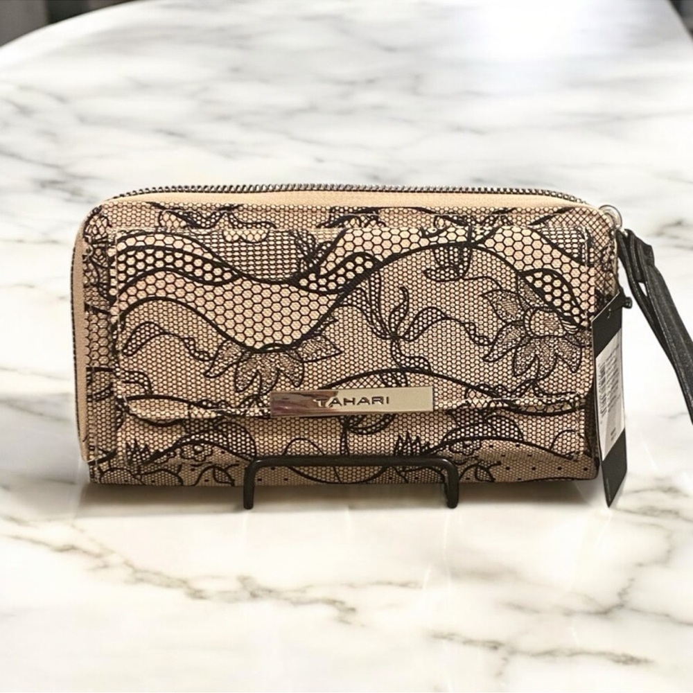 Elegant Tahari dusty rose & metallic black lace RFID blocking wallet NWT